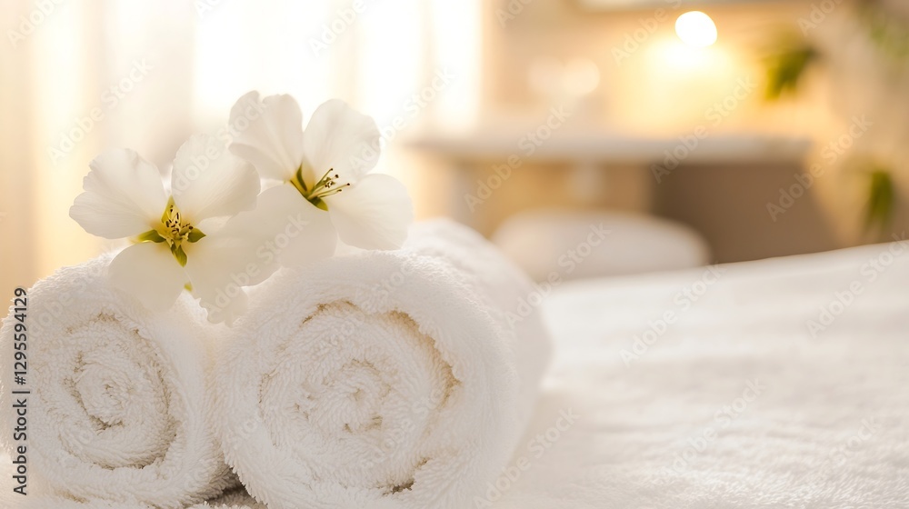 Poster elegant spa setting with soft towels and beautiful white flowers : generative ai