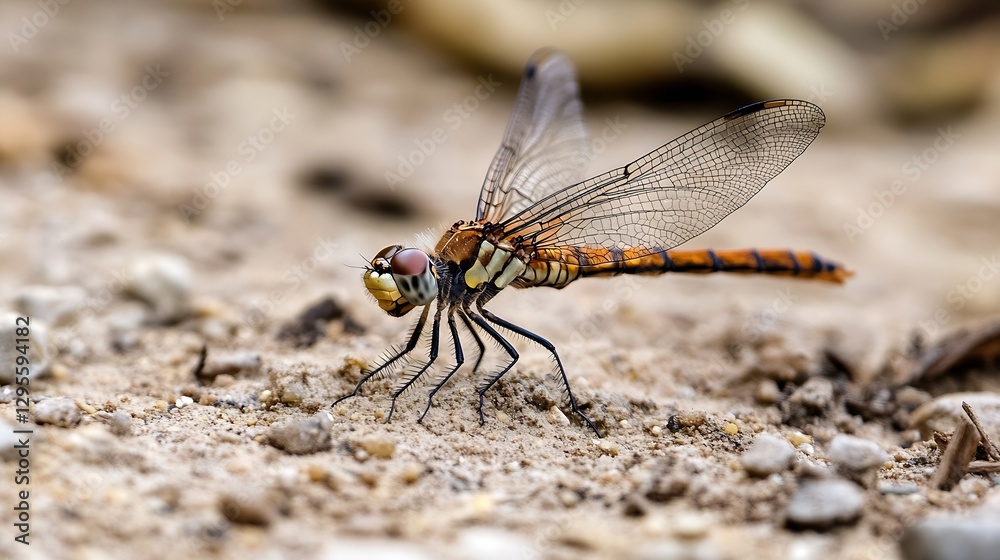 Aufkleber closeup view of a dragonfly perched on sandy ground highlighting its intricate details and vibrant c