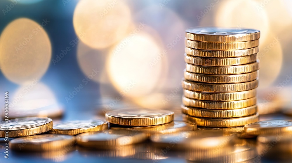 Aufkleber stack of shiny gold coins glimmering with bokeh background creating a luxurious ambiance : generativ