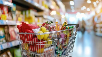 Shopping Cart Filled with Fresh Groceries in a Supermarket Aisle : Generative AI