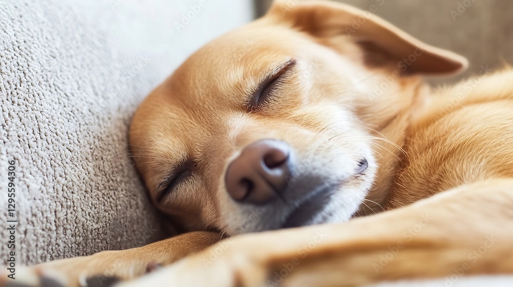 Poster adorable sleeping dog curled up peacefully on a plush couch with soft sunlight filtering in : genera