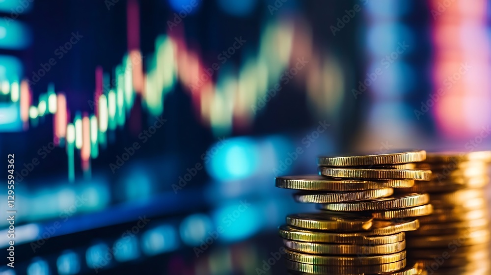 Poster Closeup view of golden coins on a reflective surface with financial trends data in the background : Generative AI