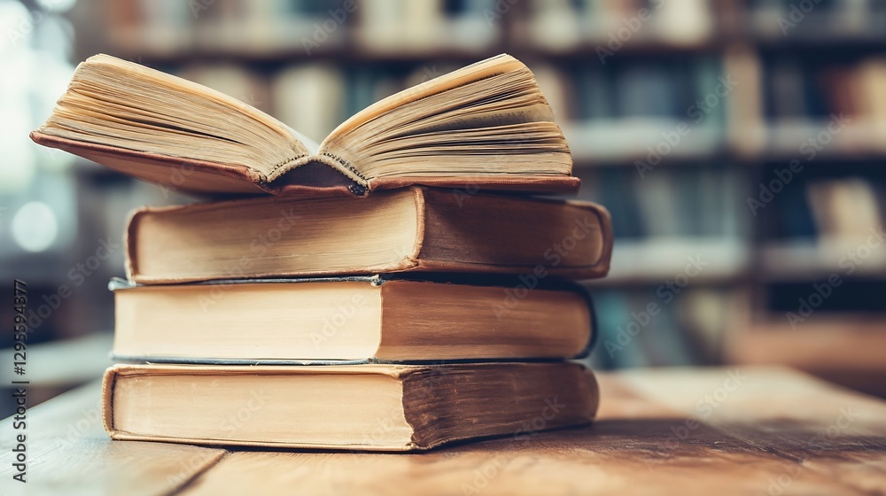 Poster stack of vintage books in a cozy library with soft lighting and wooden table : generative ai