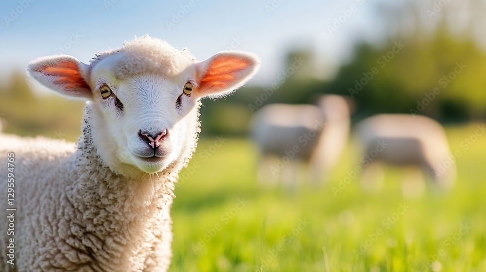 Poster Cute fluffy lamb smiling in a green field with soft sunlight during spring in a tranquil countryside setting : Generative AI