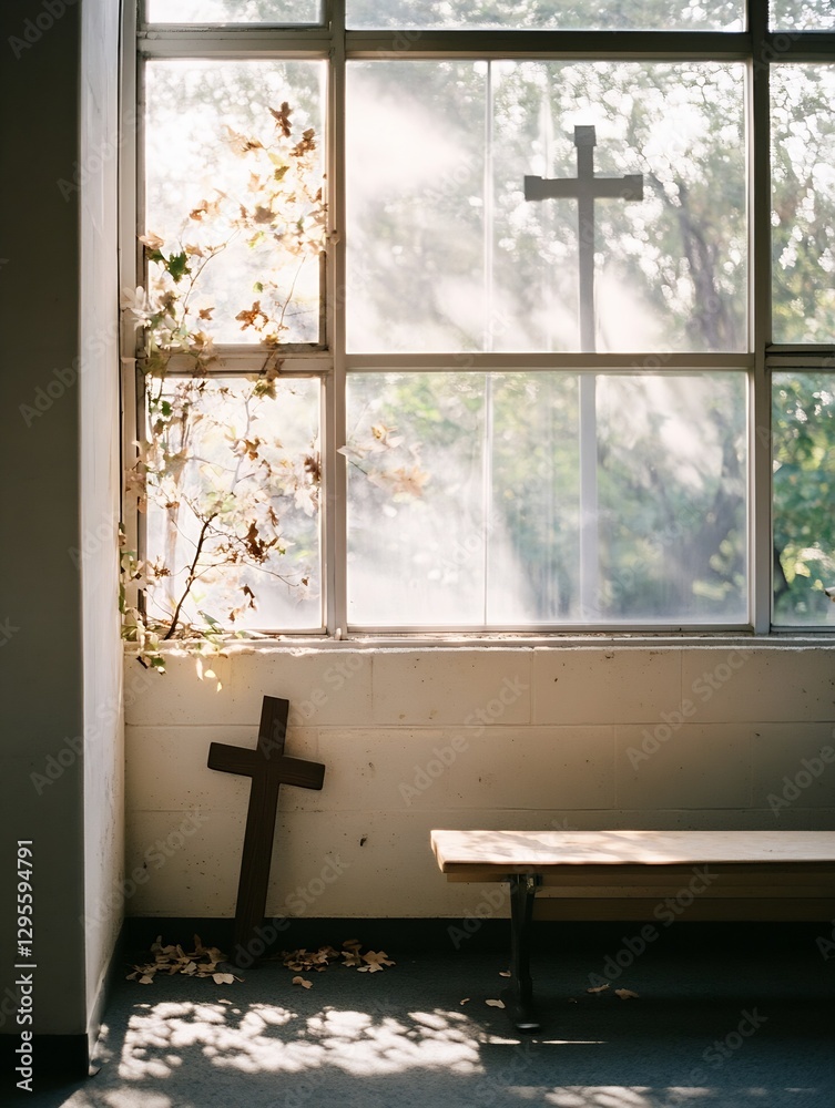 Aufkleber sunlit room with cross and natural light streaming through glass window creating peaceful atmosphere