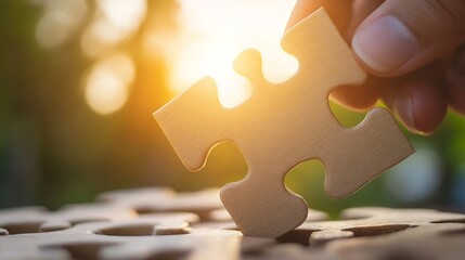 Hand placing finishing piece into a wooden puzzle with sunlight streaming through in a calming outdoor setting : Generative AI