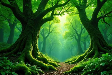 Fototapeta premium Lush canopy above gnarled tree trunks with moss and ferns, forest, leafy, foliage