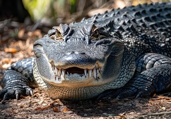 Fototapeta premium Close-up of a relaxed crocodile resting on the ground with detailed textures of its skin and sharp teeth showcasing its natural habitat in the wild