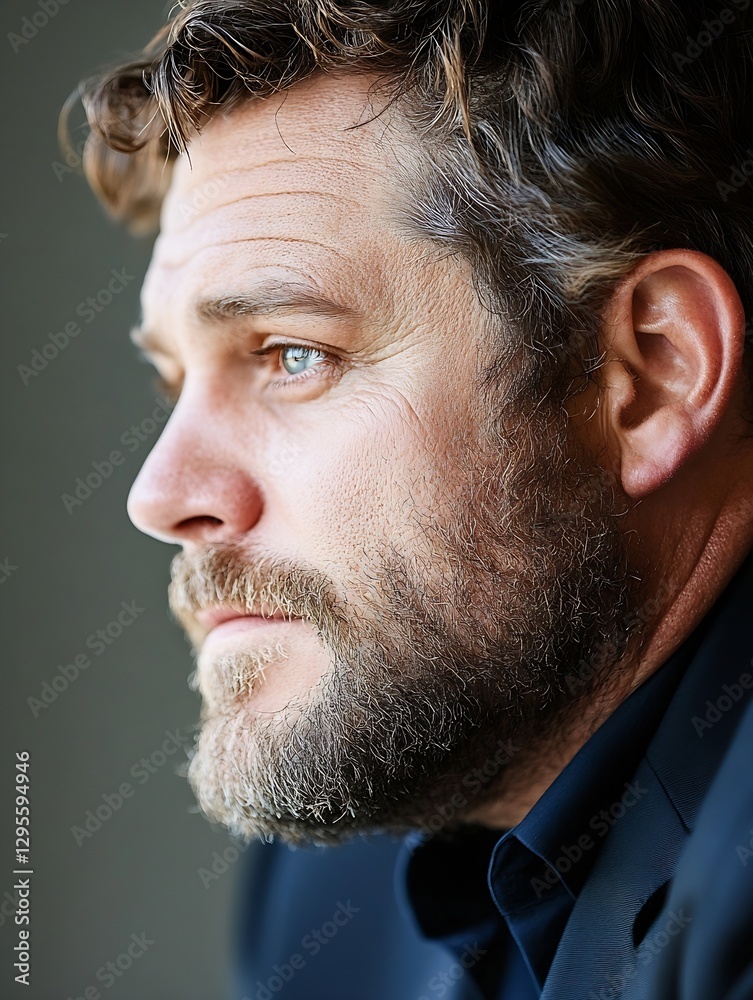 Poster Thoughtful man with beard looking away captured in a candid moment showcasing introspection and emotion : Generative AI