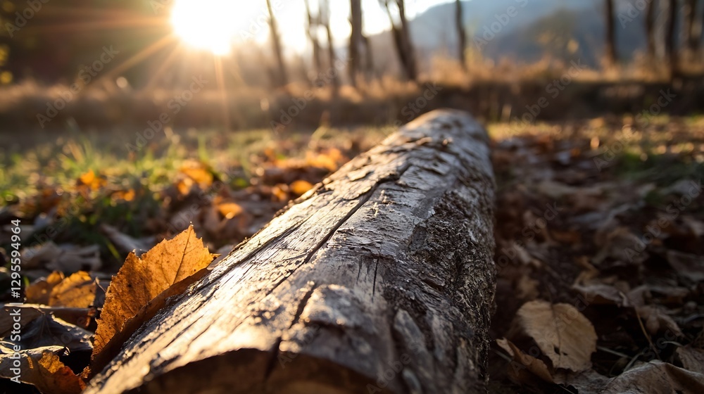 Poster golden autumn leaves on a weathered log in a sunlit forest setting : generative ai