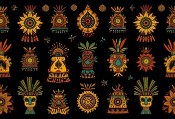 A seamless pattern with colorful tribal symbols on a black background