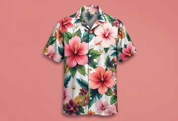 A mockup of a Hawaiian shirt with a tropical hibiscus flower pattern