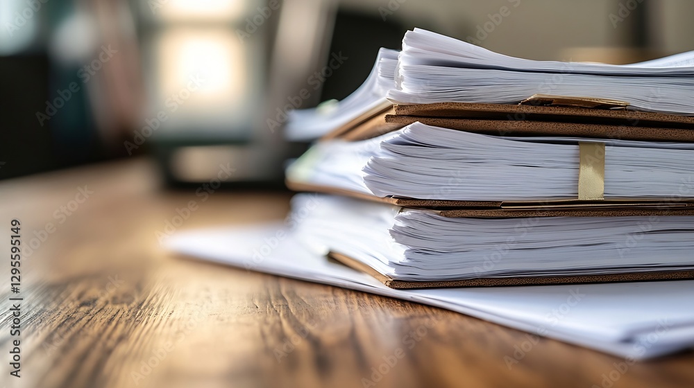 Poster Stack of neatly organized paperwork on a wooden table indicating a busy office environment : Generative AI