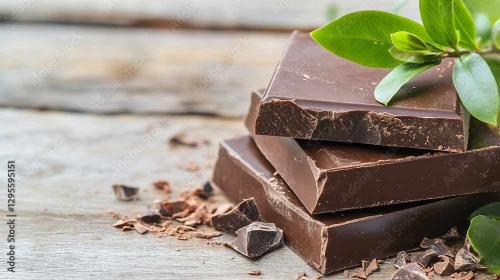 Aufkleber Delicious dark chocolate bars stacked artistically with fresh green leaves in a rustic setting : Generative AI