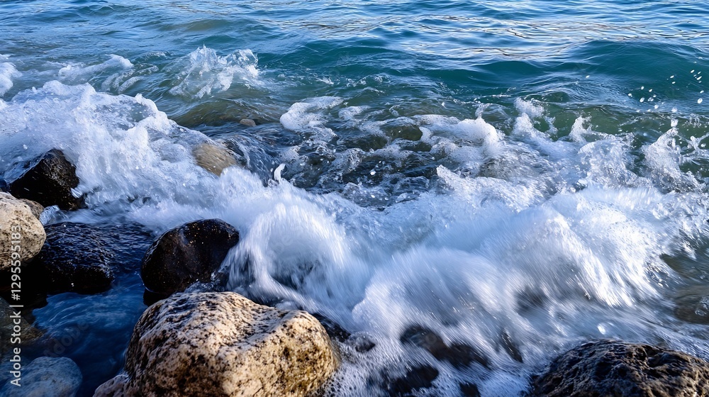 Poster dynamic ocean waves crashing against rocks creating a dramatic scene of nature's power : generative 