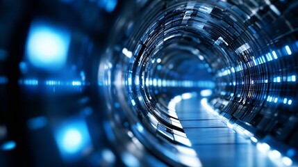 Obraz premium Futuristic tunnel with glowing blue lights and metallic surfaces creating a digital atmosphere : Generative AI