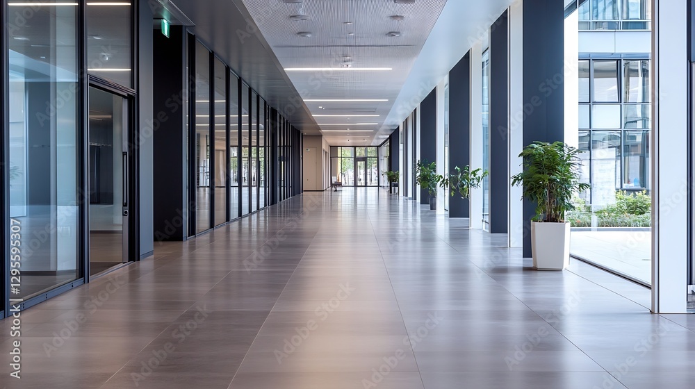 Aufkleber Modern spacious corridor with large windows and stylish plants creating a serene environment : Generative AI