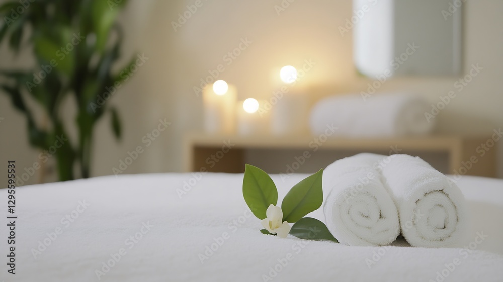 Poster relaxing spa setting with soft towels and a beautiful leaf : generative ai