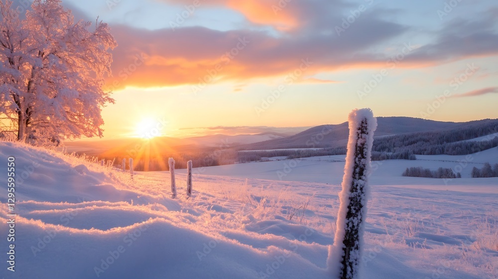 Aufkleber stunning winter landscape with sun rising over snowy fields and frosted trees creating a serene atmo