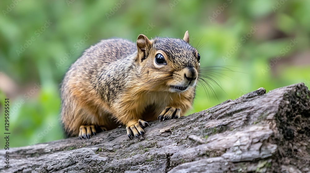Poster Curious Squirrel Exploring a Log in a Lush Green Forest Setting : Generative AI
