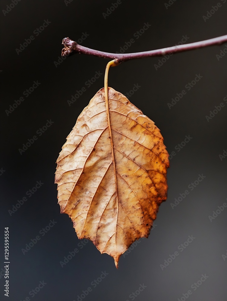 Aufkleber closeup of a dried yellow leaf hanging from a branch showing texture and the beauty of nature : gene