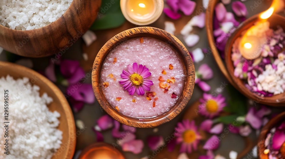 Poster luxurious organic bath salt with flower petals in a rustic wooden bowl creating an inviting spa expe