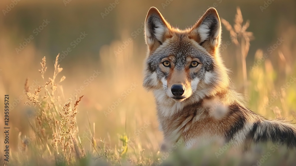 Poster close up of a majestic coyote gazing composedly through soft grass at golden hour : generative ai