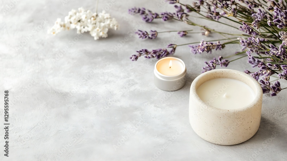 Poster aromatherapy candles and lavender flowers on a soft gray background for relaxation : generative ai