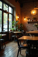 Cozy coffee shop with warm lighting and wooden decor, lighting, atmosphere