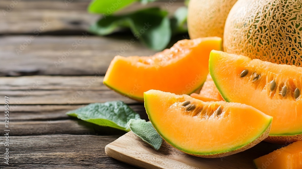 Poster Freshly cut cantaloupe slices on wooden table with green leaves in the background : Generative AI