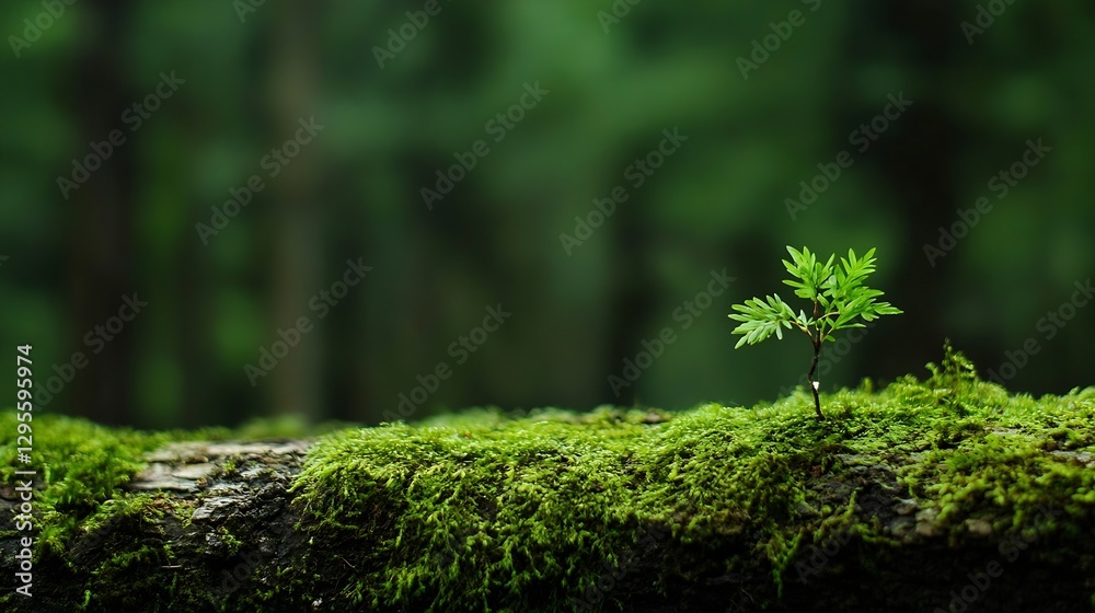 Poster Small Green Sapling Growing on Moss Covered Log in a Dense Forest : Generative AI
