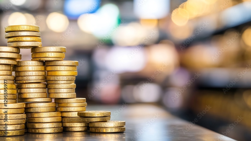 Leinwandbilder stacks of shiny gold coins on a table with a blurred background : generative ai