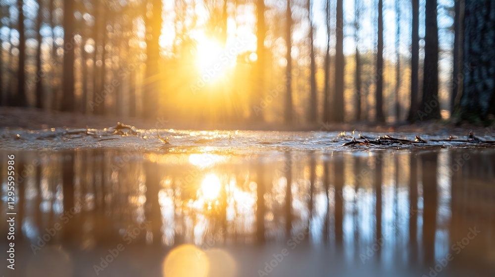 Poster dramatic sunrise reflected in calm water surrounded by tall trees in a forest setting : generative a