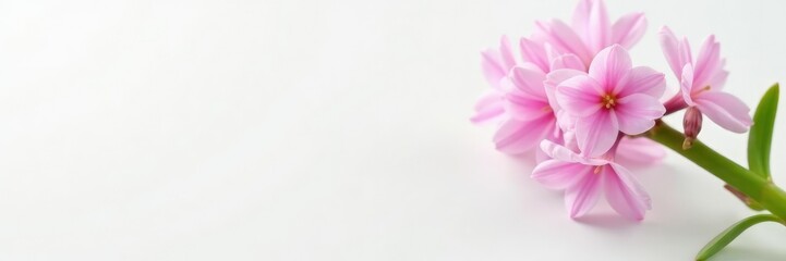 Obraz premium pink hyacinth stem with green leaves against a white backdrop, blossoms, plant
