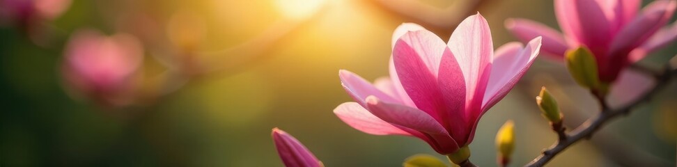 Fototapeta premium Pink magnolia flower in a garden with sunlight filtering through, spring blooms, tree blossoms