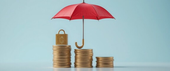 Secure Savings: Red Umbrella & Gold Coins - Minimalism