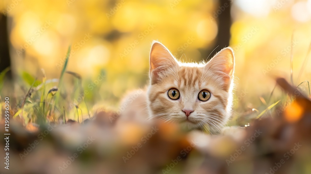 Poster Curious ginger cat lying in the grass looking directly at the camera surrounded by autumn leaves : Generative AI