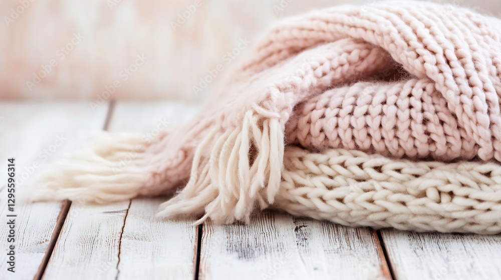 Poster cozy knitted scarves in soft shades folded neatly on a rustic wooden surface : generative ai