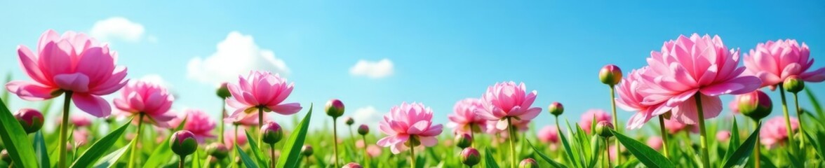 Pink peonies blooming in a lush green meadow under a bright blue sky, pink flowers, garden, spring