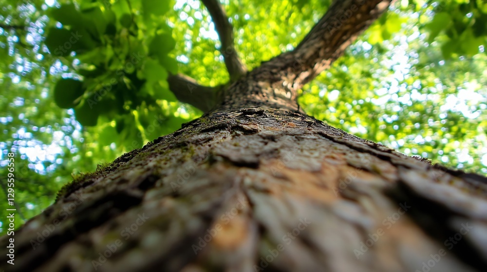 Poster dramatic close-up view of the trunk of a tree against bright green leaves : generative ai