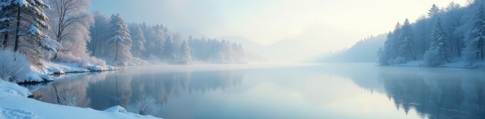 Fototapeta premium Silvery mist ascends over a frozen lake in winter, peaceful, serene, lake
