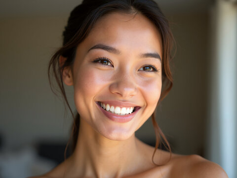 Joyful smile portrait indoor setting image of a woman natural light close-up view happiness concept