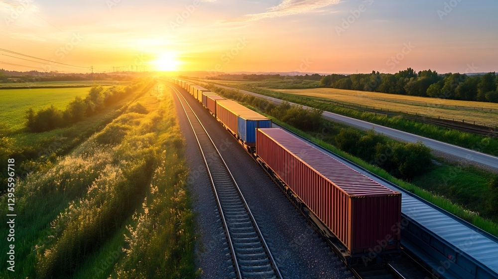 Poster aerial view of a freight train transporting colorful containers during a stunning sunset : generativ