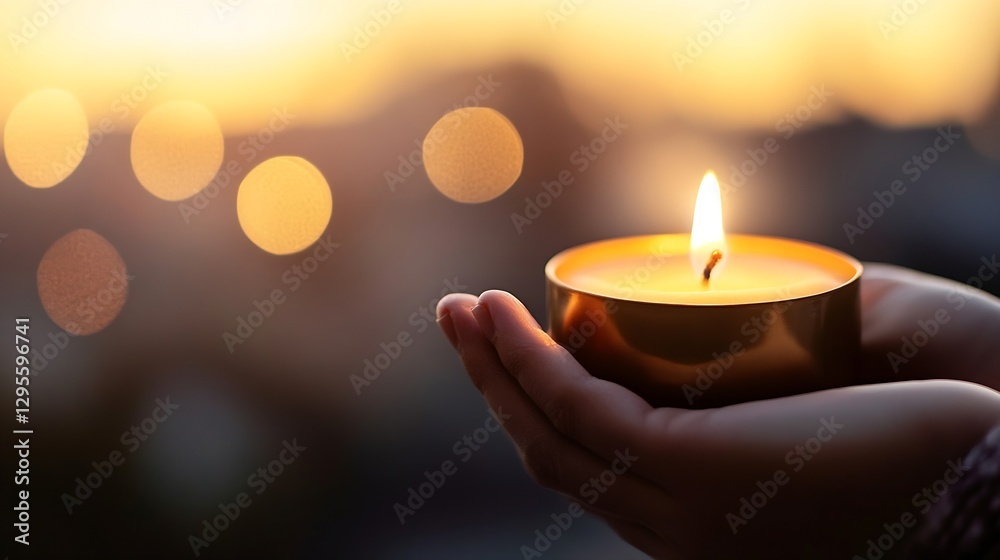 Poster Gentle Hands Holding a Flickering Candle with Soft Bokeh Background : Generative AI