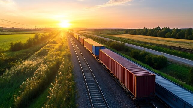 Aerial view of a freight train transporting colorful containers during a stunning sunset : Generative AI