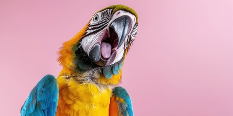 Comedic pet expressions concept. Vibrant macaw parrot against a pink background with an open beak