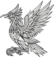 Intricate line art of a mythical bird in flight, showcasing detailed feathers and patterns