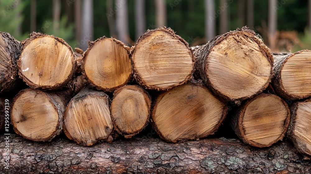 Aufkleber Stack of freshly cut logs ready for processing in a lush forest setting : Generative AI