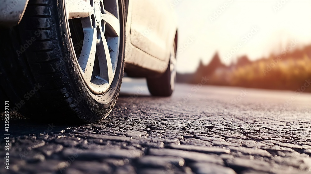 Poster close up view of a car tire on a scenic road with beautiful sunlight and asphalt texture : generativ