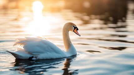 Naklejka premium Elegant swan gliding on tranquil water at sunset capturing nature's beauty in stunning light : Generative AI